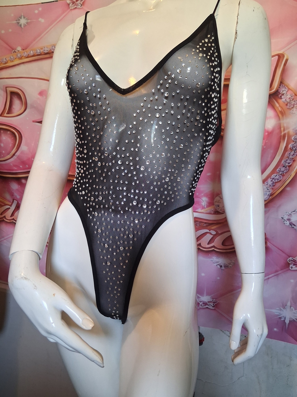 Rhinestone Sheer Black Bodysuit with V-Neck